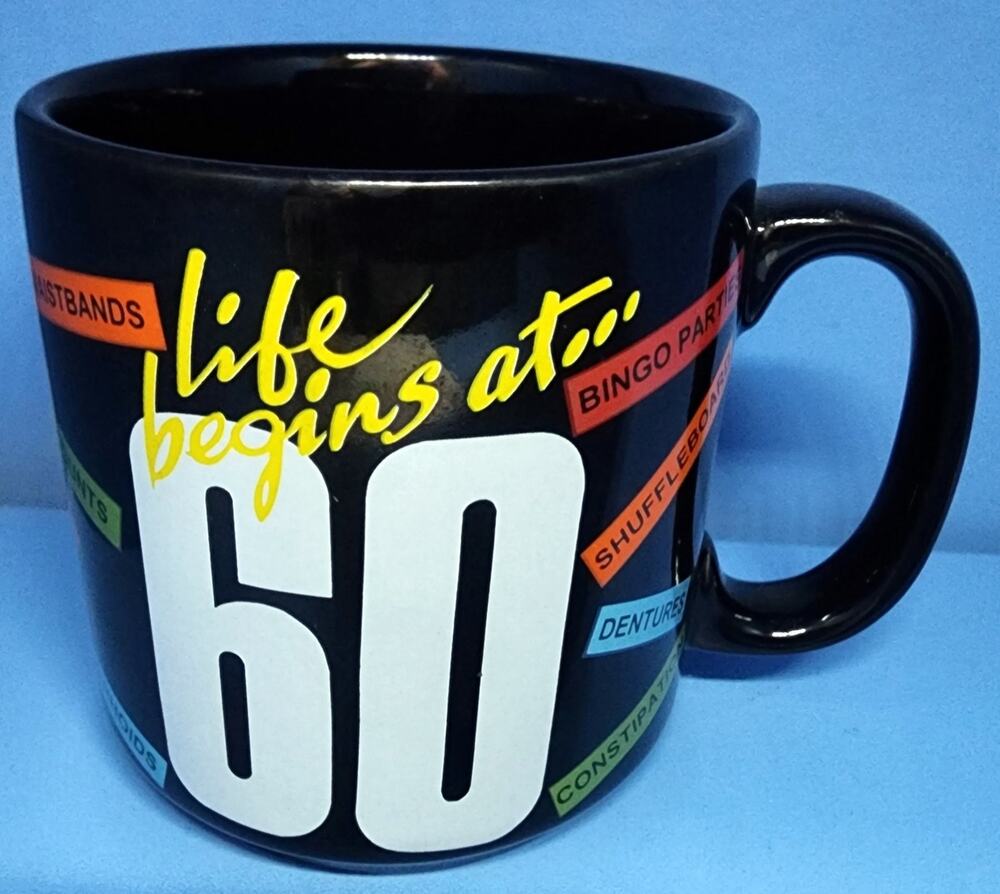 Russ Berrie Mug Black Standard Size Ceramic Life Begins at 60 Humorous